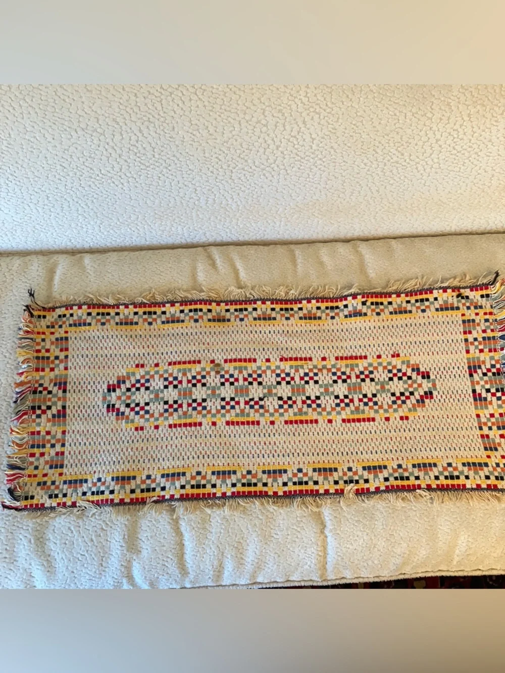 VTG Handmade Rag-Rug Woven Table Dresser Runner Primitive Farmhouse Fringe 12x29